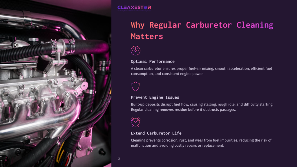 Close-Up Of A Shiny, Chrome-Plated Internal Combustion Engine Carburetor With Hoses And Wires. Text Overlay: &Quot;Cleanestor&Quot;, &Quot;Why Regular Carburetor Cleaning Matters&Quot;, &Quot;Optimal Performance&Quot;, &Quot;Prevent Engine Issues&Quot;, &Quot;Extend Carburetor Life&Quot;.