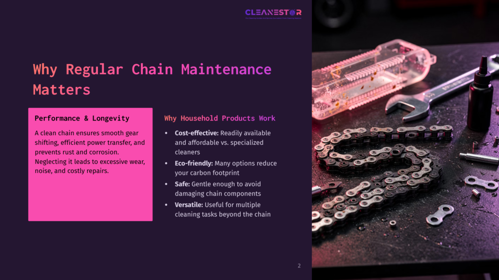 Close-Up Of A Greasy Bicycle Chain And Tools On A Workbench, With A Clear Plastic Chain Cleaner Case In The Background. The Image Is From A Presentation About Regular Chain Maintenance For Performance And Longevity.