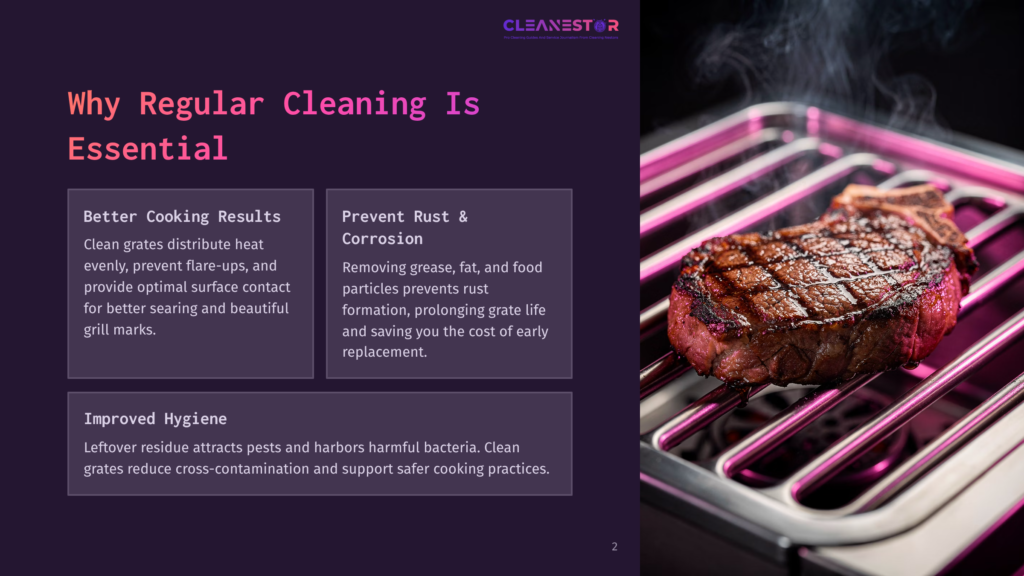 2 Why Regular Cleaning Is Essential 1 A Juicy, Perfectly Grilled Steak Sits On A Barbecue Grill, With Pinkish-Purple Flames Licking Its Sides. The Grill Grates Are Clean, Highlighting The Steak'S Sear Marks. Text On The Left Promotes Regular Cleaning For Better Grilling Results And Preventing Rust.