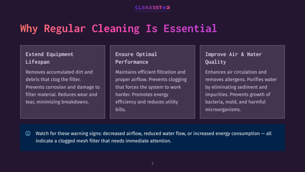 An Infographic On A Dark Background Titled &Quot;Why Regular Cleaning Is Essential.&Quot; It Lists Benefits In Three Columns: Extending Equipment Lifespan, Ensuring Optimal Performance, And Improving Air And Water Quality.