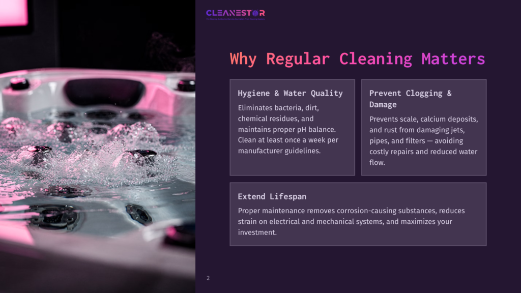 Close-Up Of Bubbling Water In A Hot Tub, With Steam Rising, Indicating Regular Cleaning And Maintenance. The Cleanestor Logo Is Visible In The Top Right Corner.