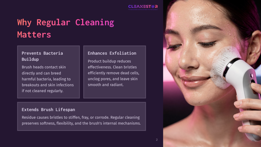 A Woman With Closed Eyes Is Smiling As She Gently Applies A Facial Cleansing Brush To Her Face, Highlighting The Importance Of Regular Cleaning For Skin Health.