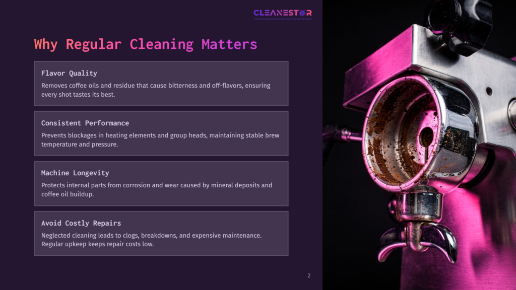 2 Why Regular Cleaning Matters 12 Close-Up Of A Dirty Espresso Machine Portafilter, Stained With Coffee Grounds And Residue, Illuminated By Vibrant Pink And Purple Lighting. Text Overlay Reads &Quot;Cleanestor: Why Regular Cleaning Matters.