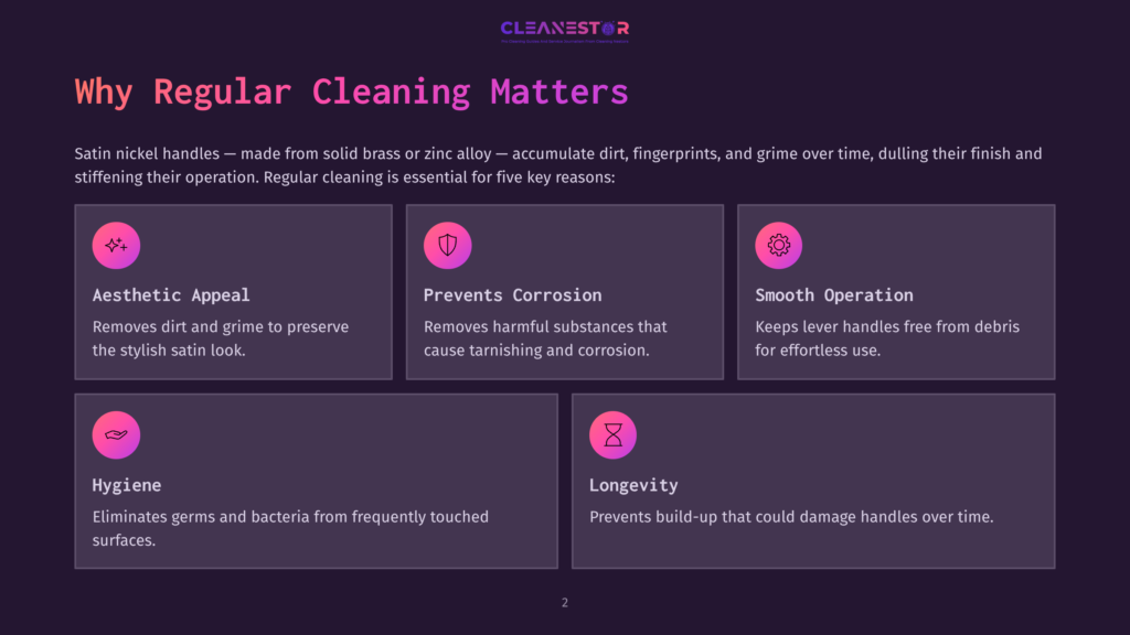 Infographic Titled &Quot;Why Regular Cleaning Matters&Quot; With Icons And Text Explaining The Benefits Of Cleaning Satin Nickel Handles, Including Aesthetic Appeal, Preventing Corrosion, Smooth Operation, Hygiene, And Longevity.
