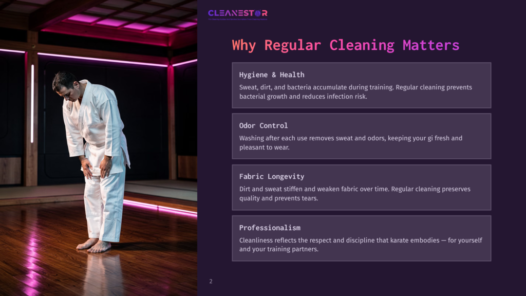 A Man In A White Karate Gi Bows Deeply On A Polished Wooden Floor, With Purple Neon Lights In The Background. Text On The Right Reads &Quot;Why Regular Cleaning Matters&Quot; And Lists Benefits Like Hygiene &Amp; Health, Odor Control, Fabric Longevity, And Professionalism.