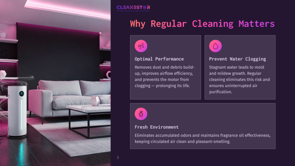 Cleanestor Air Purifier In A Modern Living Room, With A Couch And Coffee Table In The Foreground, And Text Overlay Highlighting &Quot;Why Regular Cleaning Matters.