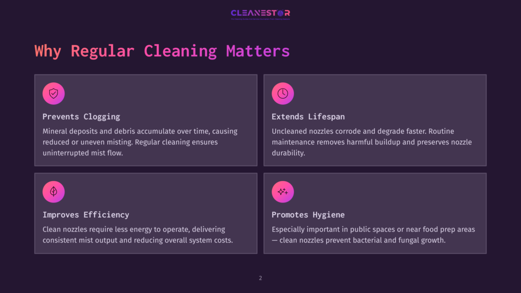 Infographic Detailing The Benefits Of Regular Cleaning For Misting Systems: Preventing Clogging, Extending Lifespan, Improving Efficiency, And Promoting Hygiene. The Text Is Presented In Purple And White Against A Dark Purple Background.
