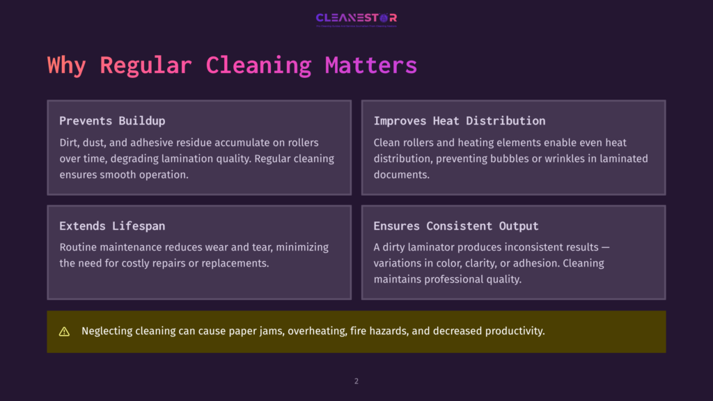 Infographic Titled &Quot;Why Regular Cleaning Matters&Quot; With Four Sections: Prevents Buildup, Improves Heat Distribution, Extends Lifespan, And Ensures Consistent Output. A Warning Highlights The Risks Of Neglecting Cleaning.