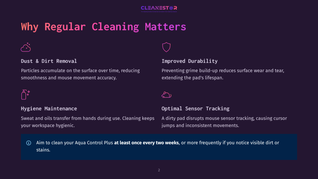 Infographic On The Importance Of Regular Cleaning Of Computer Mouse Pads, Featuring Sections On Dust And Dirt Removal, Improved Durability, Hygiene Maintenance, And Optimal Sensor Tracking.