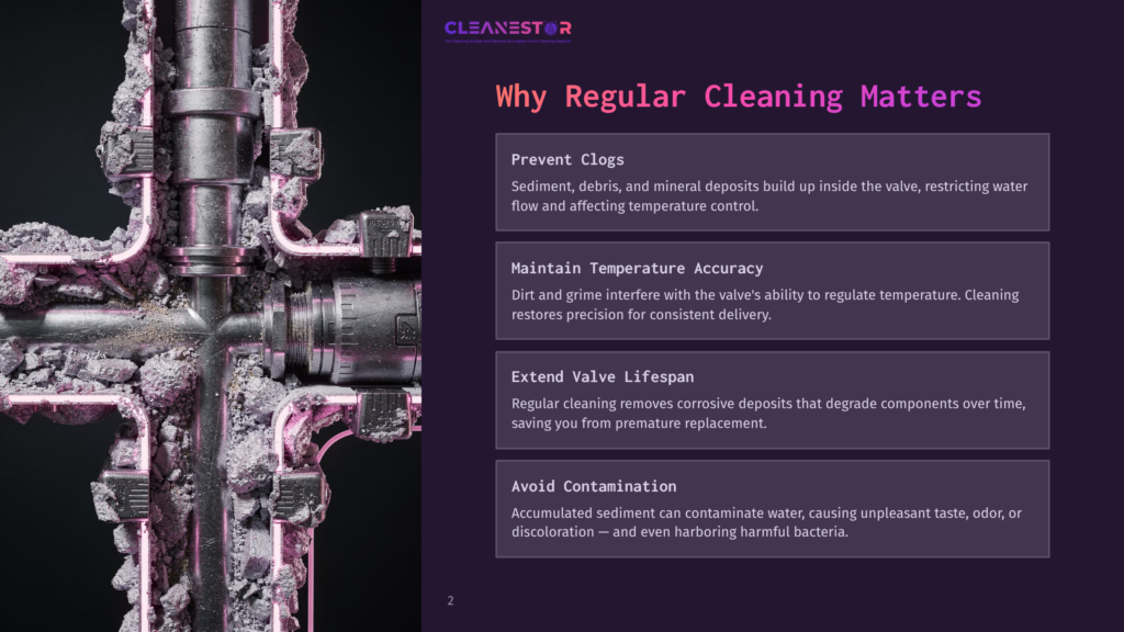 Cleanestor Logo Above Text Explaining The Importance Of Regular Cleaning For Preventing Clogs, Maintaining Temperature Accuracy, Extending Valve Lifespan, And Avoiding Contamination.