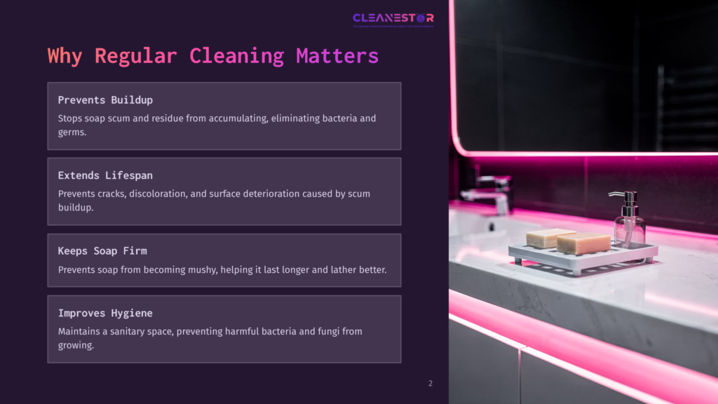 2 Why Regular Cleaning Matters 33 Modern Bathroom Sink With Pink Led Lighting, Featuring Two Bars Of Soap On A White Dish And A Sleek Faucet. Text Overlay: &Quot;Cleanestor - The Cleaning &Amp; Surface Restoration Experts. Cleaning Matters.