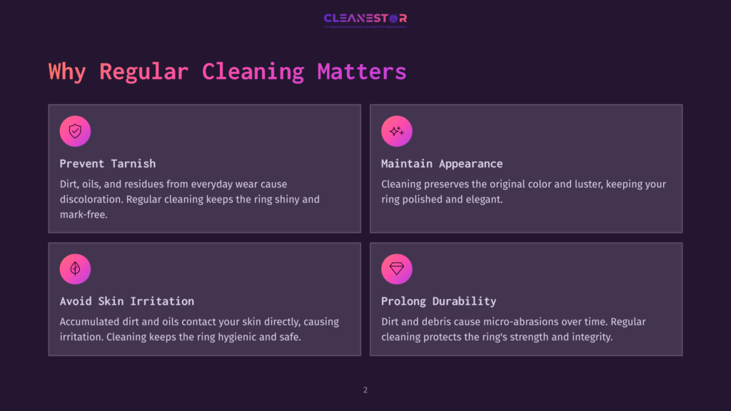 Infographic Detailing The Benefits Of Regular Cleaning For Jewelry, Including Preventing Tarnish, Maintaining Appearance, Avoiding Skin Irritation, And Prolonging Durability. Text Highlights &Quot;Why Regular Cleaning Matters&Quot; With Four Distinct Points.