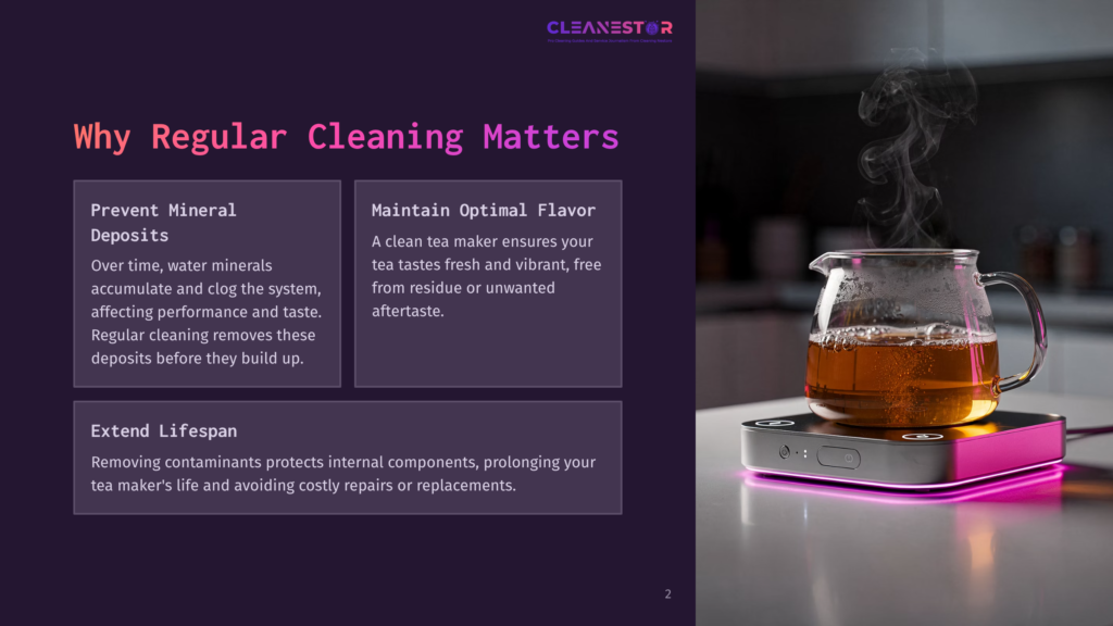 A Steaming Glass Tea Kettle Sits On A Pink Electric Base With A Digital Display, Showcasing Freshly Brewed Amber Tea. The Cleanstar Logo Is Visible In The Top Right Corner.