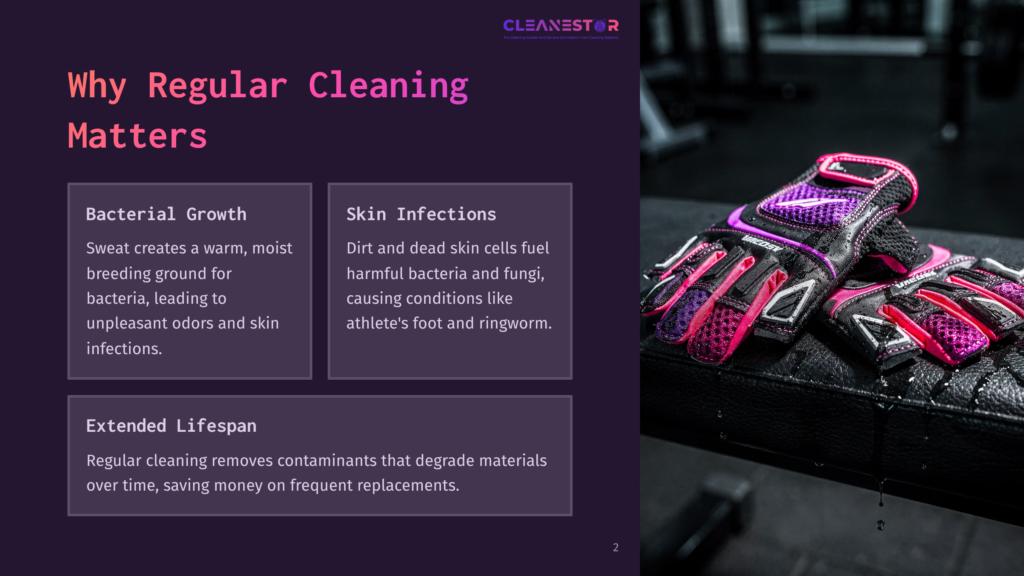2 Why Regular Cleaning Matters 37 Pink And Black Gym Gloves With Purple Accents Rest On A Wet Black Weight Bench, Suggesting A Recent Workout And The Need For Regular Cleaning To Prevent Bacterial Growth.