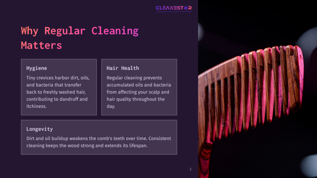 Close-Up Of A Wooden Comb With Dark Reddish-Brown Wood, Its Teeth Illuminated By Vibrant Pink And Purple Light, Against A Dark Background. The Image Emphasizes The Texture And Grain Of The Wood.