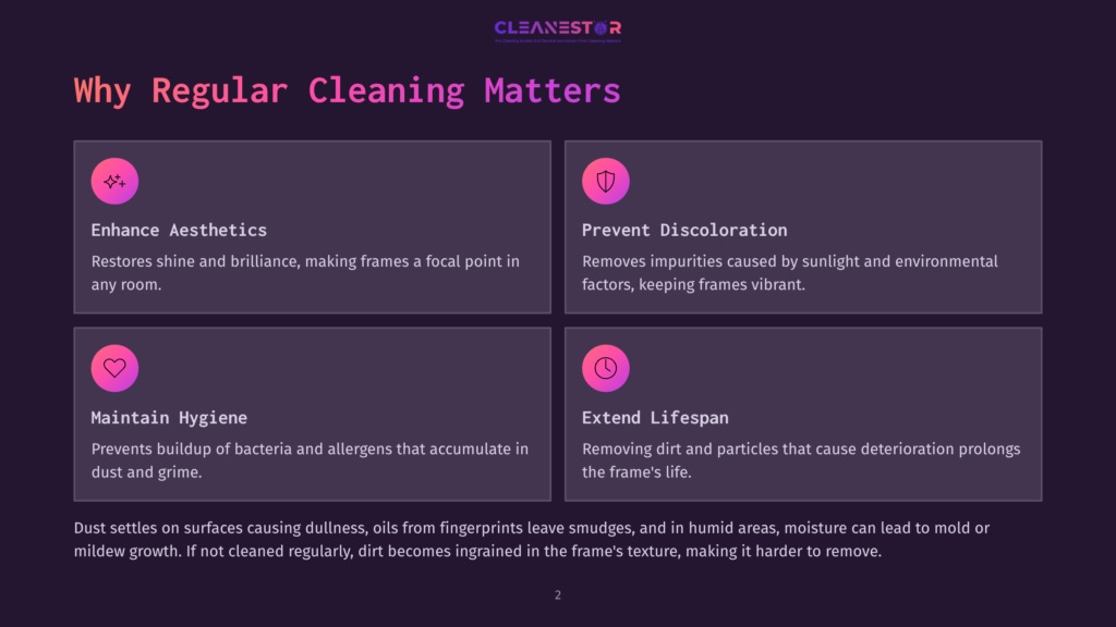 Infographic Titled &Quot;Why Regular Cleaning Matters&Quot; With Four Sections: Enhance Aesthetics, Prevent Discoloration, Maintain Hygiene, And Extend Lifespan, Each With An Icon And Descriptive Text.