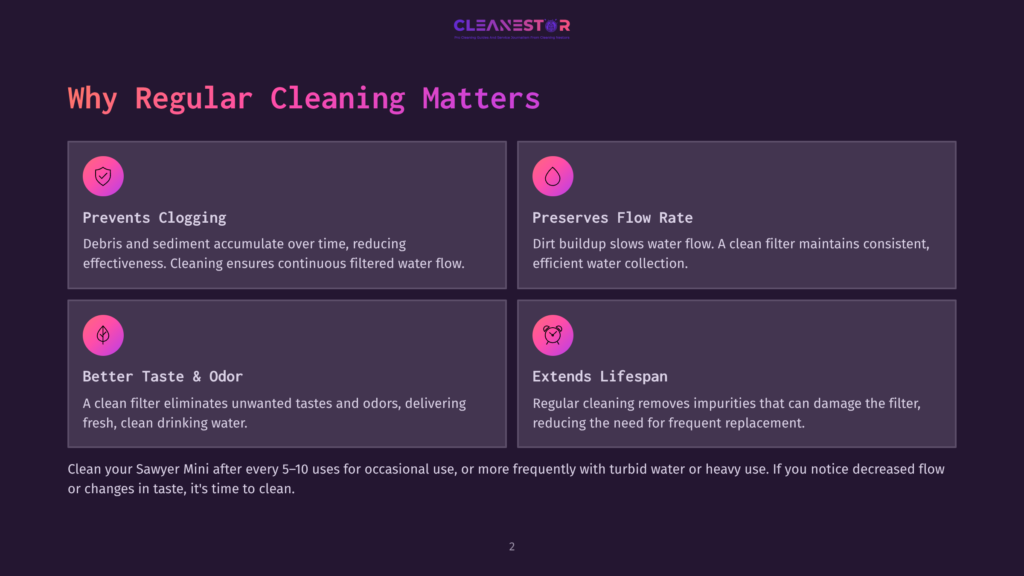 Infographic With Four Points About Why Regular Cleaning Matters. It Features A Clean Filter, Flow Rate, Taste And Odor, And Lifespan. The Background Is A Dark Purple.