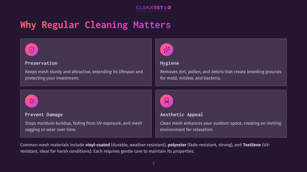 2 Why Regular Cleaning Matters 40 Why Regular Cleaning Matters&Quot; Graphic With Four Quadrants: Preservation, Hygiene, Prevent Damage, And Aesthetic Appeal. Text Highlights Benefits Of Regular Cleaning For Mesh Materials.