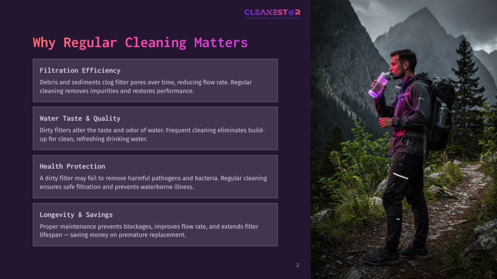Man In A Backpack Drinks From A Glowing Water Bottle On A Mountain Trail, With Text Overlay About &Quot;Why Regular Cleaning Matters&Quot; And Benefits Like &Quot;Filtration Efficiency&Quot; And &Quot;Health Protection&Quot;.