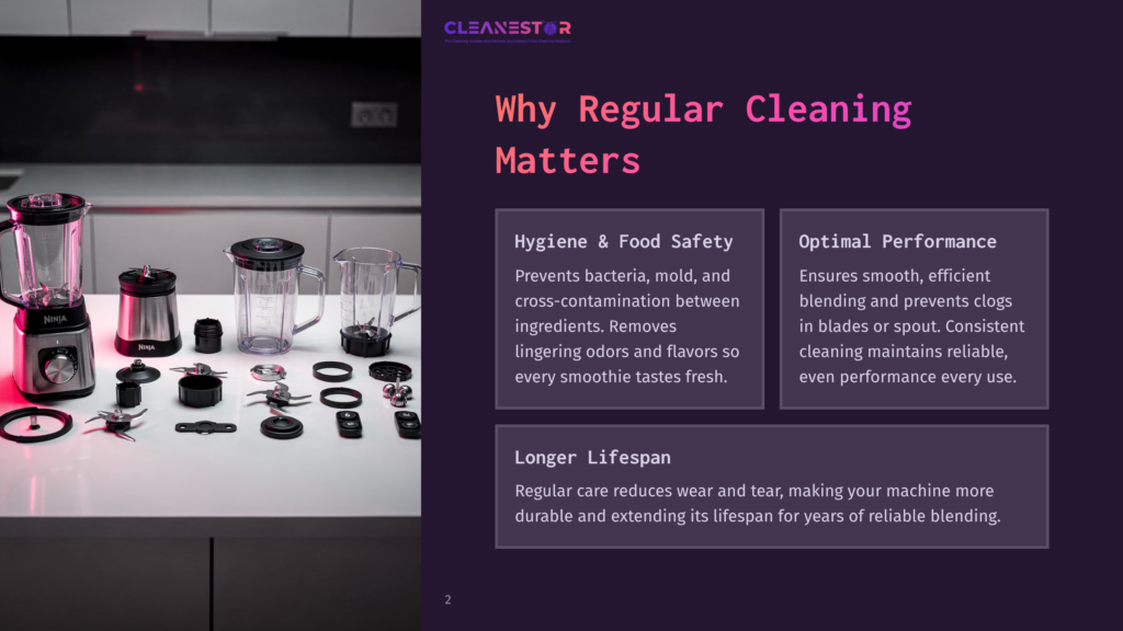 A Ninja Blender With Multiple Attachments, Including Blades And Jars, Is Neatly Arranged On A White Table. The Right Side Of The Image Shows Text About &Quot;Cleanestor&Quot; And &Quot;Why Regular Cleaning Matters,&Quot; Detailing &Quot;Hygiene &Amp; Food Safety,&Quot; &Quot;Optimal Performance,&Quot; And &Quot;Longer Lifespan.