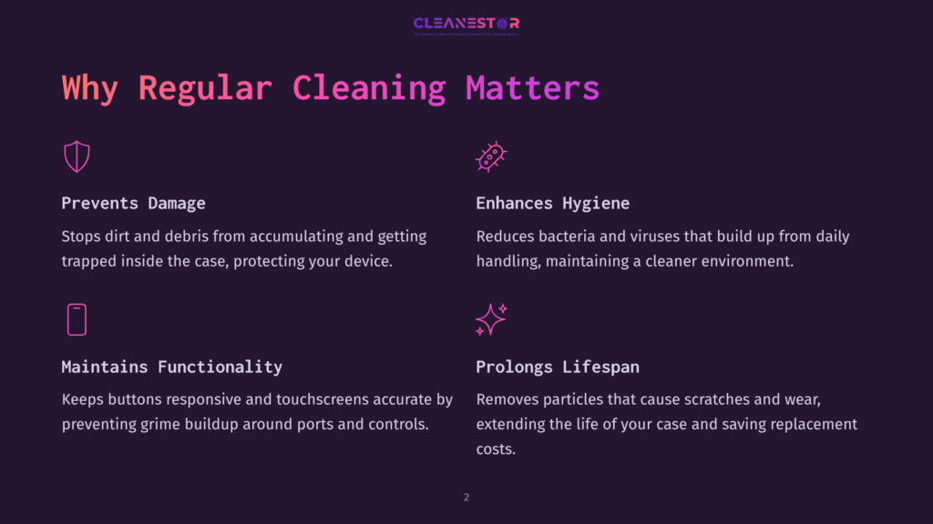 Cleanestor Logo And Graphic Illustrating The Benefits Of Regular Device Cleaning: Preventing Damage, Maintaining Functionality, Enhancing Hygiene, And Prolonging Lifespan.