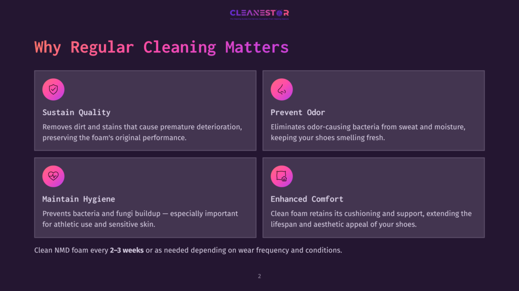 Infographic Titled &Quot;Why Regular Cleaning Matters&Quot; By Cleanestor, Detailing Benefits Like Sustain Quality, Prevent Odor, Maintain Hygiene, And Enhanced Comfort For Shoes.