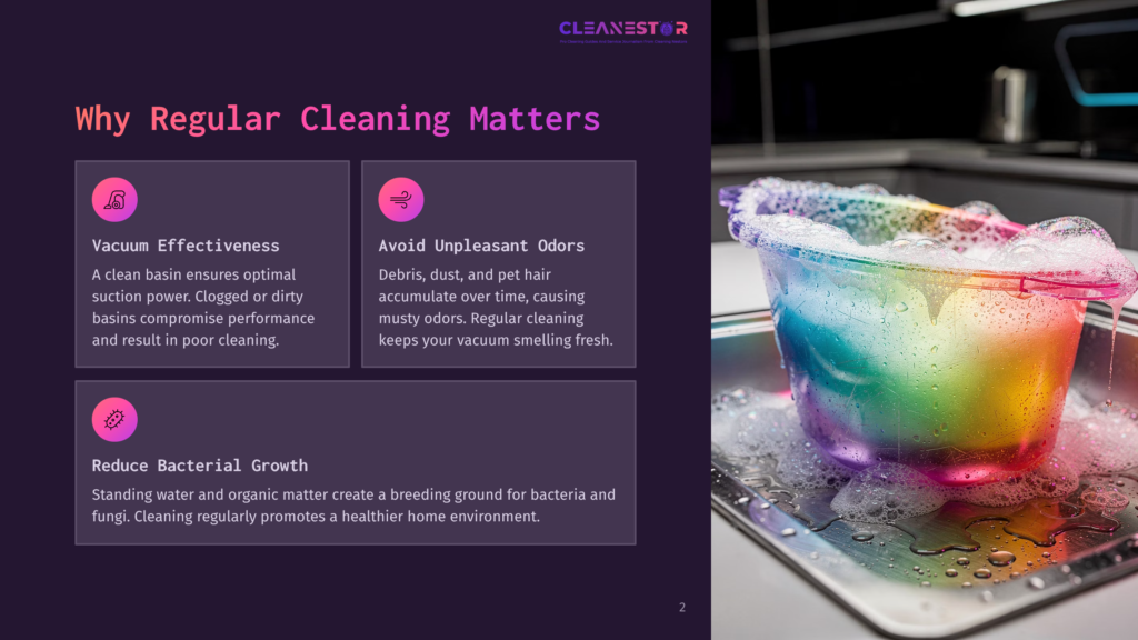 A Rainbow-Colored Bucket Filled With Soapy Water And Bubbles Sits In A Stainless Steel Sink, With Text Overlay About The Importance Of Regular Cleaning.