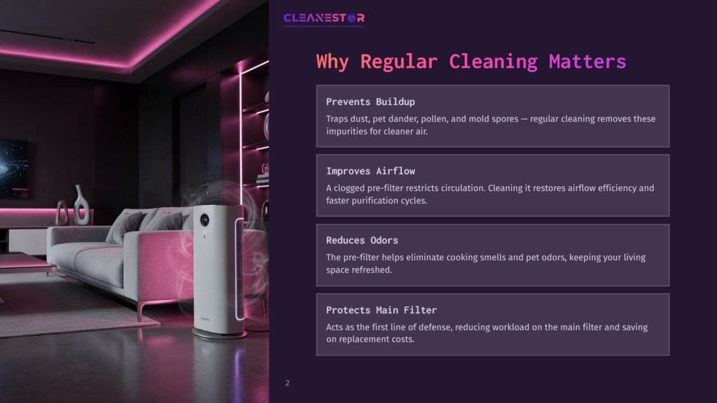 A Modern White Air Purifier Sits On The Floor Next To A Plush Pink Armchair In A Dimly Lit, Contemporary Living Room. Text Overlays Highlight The Benefits Of Regular Cleaning, Including &Quot;Prevents Buildup,&Quot; &Quot;Improves Airflow,&Quot; &Quot;Reduces Odors,&Quot; And &Quot;Protects Main Filter.