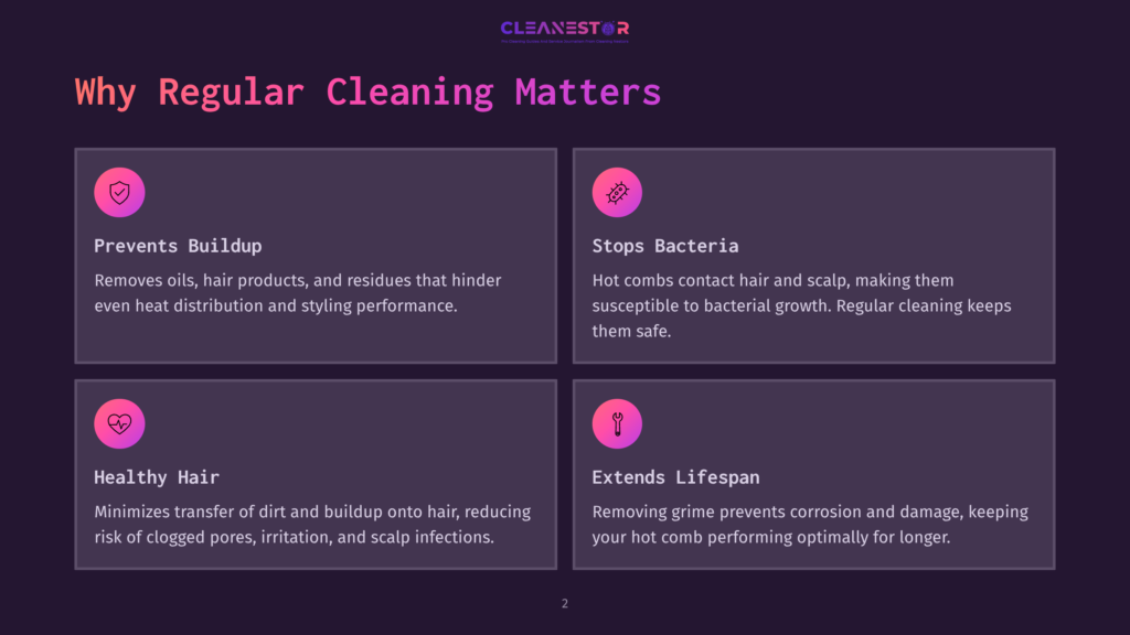 Infographic Titled &Quot;Why Regular Cleaning Matters&Quot; With Four Sections: &Quot;Prevents Buildup,&Quot; &Quot;Stops Bacteria,&Quot; &Quot;Healthy Hair,&Quot; And &Quot;Extends Lifespan,&Quot; Each With An Icon And Descriptive Text About Hot Comb Maintenance.