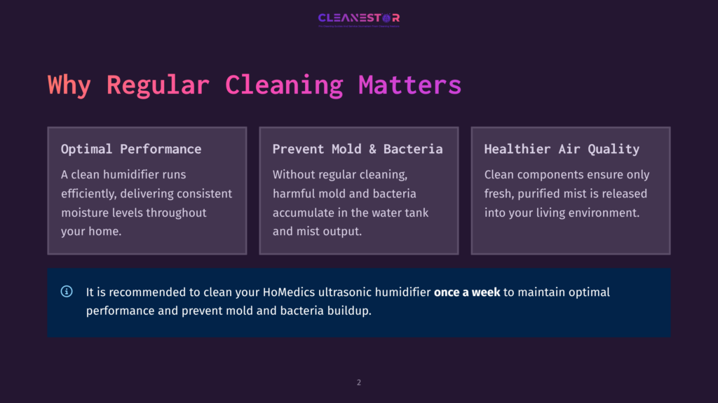Infographic Titled &Quot;Why Regular Cleaning Matters&Quot; With Three Columns: &Quot;Optimal Performance,&Quot; &Quot;Prevent Mold &Amp; Bacteria,&Quot; And &Quot;Healthier Air Quality.&Quot; A Note At The Bottom Recommends Cleaning Humidifiers Weekly.