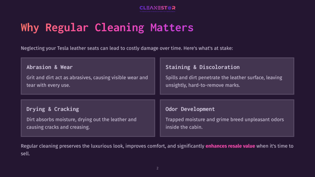 2 Why Regular Cleaning Matters 6 Infographic With A Dark Background Explaining The Importance Of Regular Cleaning For Tesla Leather Seats, Detailing Issues Like Abrasion, Wear, Staining, Discoloration, Drying, Cracking, And Odor Development.
