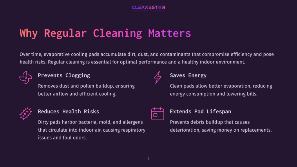 2 Why Regular Cleaning Matters 61 Infographic With The Title &Quot;Why Regular Cleaning Matters&Quot; Detailing Benefits Of Cleaning Evaporative Cooling Pads: Prevents Clogging, Saves Energy, Reduces Health Risks, And Extends Pad Lifespan. Cleanestor Logo At Top.