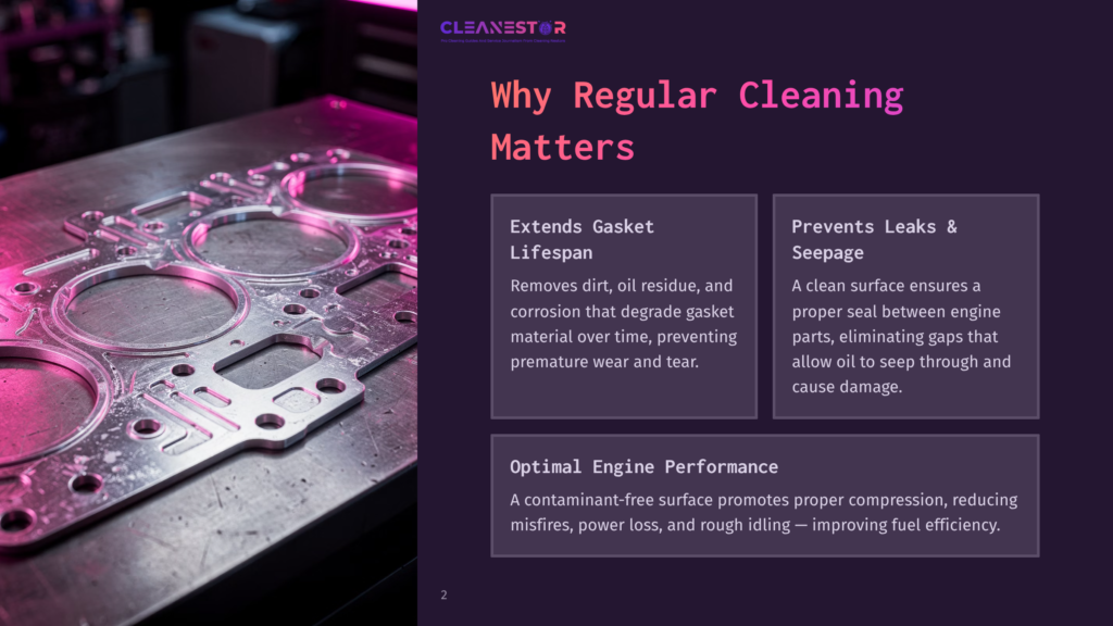A Close-Up Of A Metal Engine Gasket With Circular Openings, Glistening With Moisture Under Purple Industrial Lighting. Text Overlay Reads &Quot;Cleanestor&Quot; And &Quot;Why Regular Cleaning Matters.