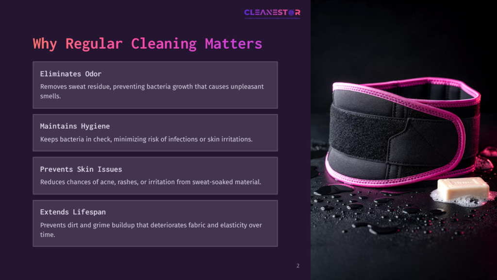 2 Why Regular Cleaning Matters 7 A Black And Pink Exercise Band Rests On A Wet Black Surface, Accompanied By A Bar Of Soap And Water Droplets. Adjacent Text Highlights The Benefits Of Regular Cleaning, Including Eliminating Odor, Maintaining Hygiene, Preventing Skin Issues, And Extending Lifespan.