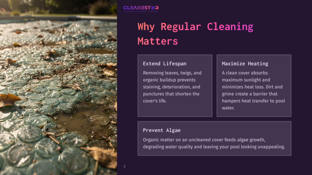 Close-Up Of A Pool Cover With A Pattern Of Green Glass Tiles, Some Reflecting Sunlight And Showing Water Droplets. Text Overlay Reads &Quot;Cleanestor&Quot; And &Quot;Why Regular Cleaning Matters&Quot;.
