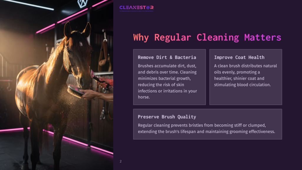 2 Why Regular Cleaning Matters 9 A Person Brushes A Brown Horse In A Dimly Lit Stable, With Text Overlay &Quot;Cleanestor&Quot; And &Quot;Why Regular Cleaning Matters&Quot;.