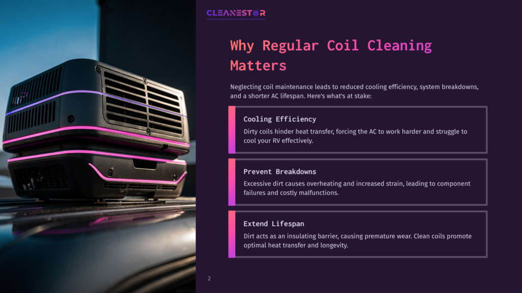 An Air Conditioning Unit With Black And Pink Accents Sits On A Black Surface Against A Blue Sky. Text Overlay Reads &Quot;Why Regular Coil Cleaning Matters,&Quot; Highlighting The Importance Of Coil Maintenance For Cooling Efficiency And System Longevity.