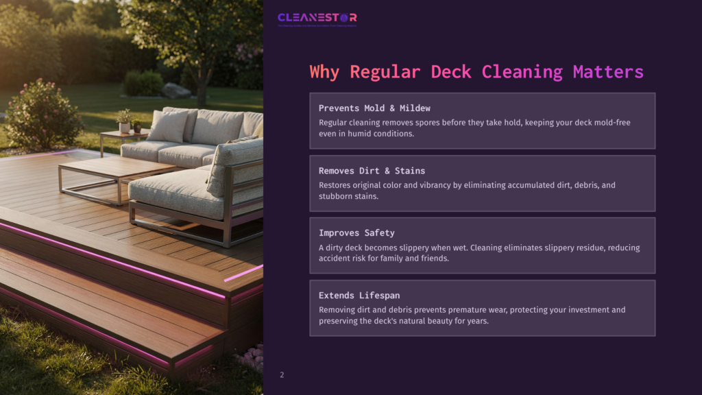 A Modern, Clean Deck With Comfortable Outdoor Furniture And Soft Pink Led Lighting. The Text &Quot;Cleanestor&Quot; Is Visible, Along With &Quot;Why Regular Deck Cleaning Matters&Quot; And Bullet Points About Mold, Dirt, Safety, And Lifespan.