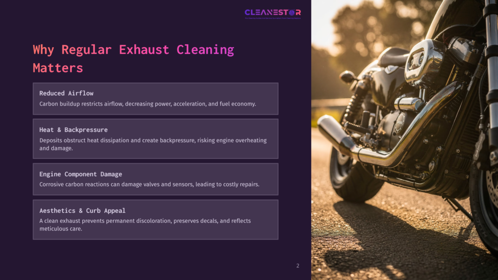 2 Why Regular Exhaust Cleaning Matters Close-Up Of A Motorcycle'S Chrome Exhaust Pipes, Gleaming In The Warm, Golden Sunlight Of Late Afternoon, Casting Long Shadows On The Asphalt Road.