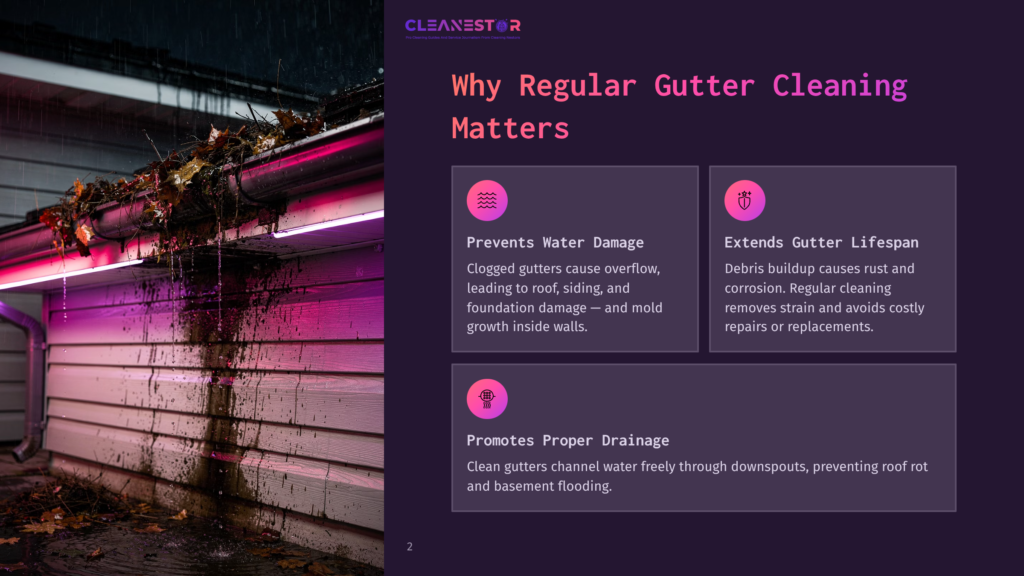 Clogged Gutters Overflowing With Wet Leaves And Debris, With Water Running Down The Side Of A House, Illustrating The Need For Regular Gutter Cleaning To Prevent Water Damage And Promote Proper Drainage.