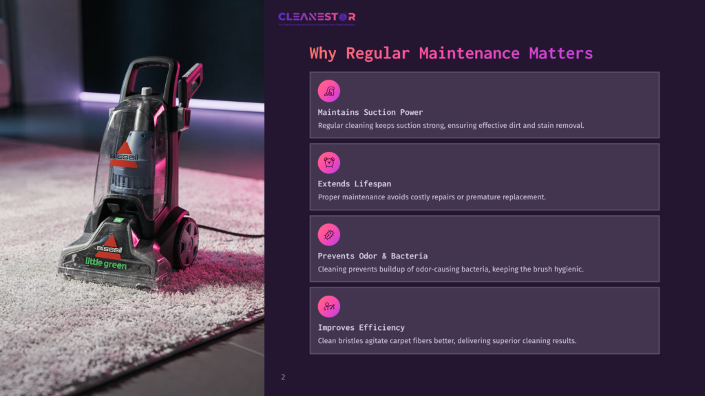 2 Why Regular Maintenance Matters 1 Bissell Little Green Carpet Cleaner With A Clear Tank Showing Dirty Water, Sits On A Plush Rug. Text On The Right Highlights &Quot;Why Regular Maintenance Matters&Quot; With Icons For Suction Power, Lifespan, Odor, And Efficiency.