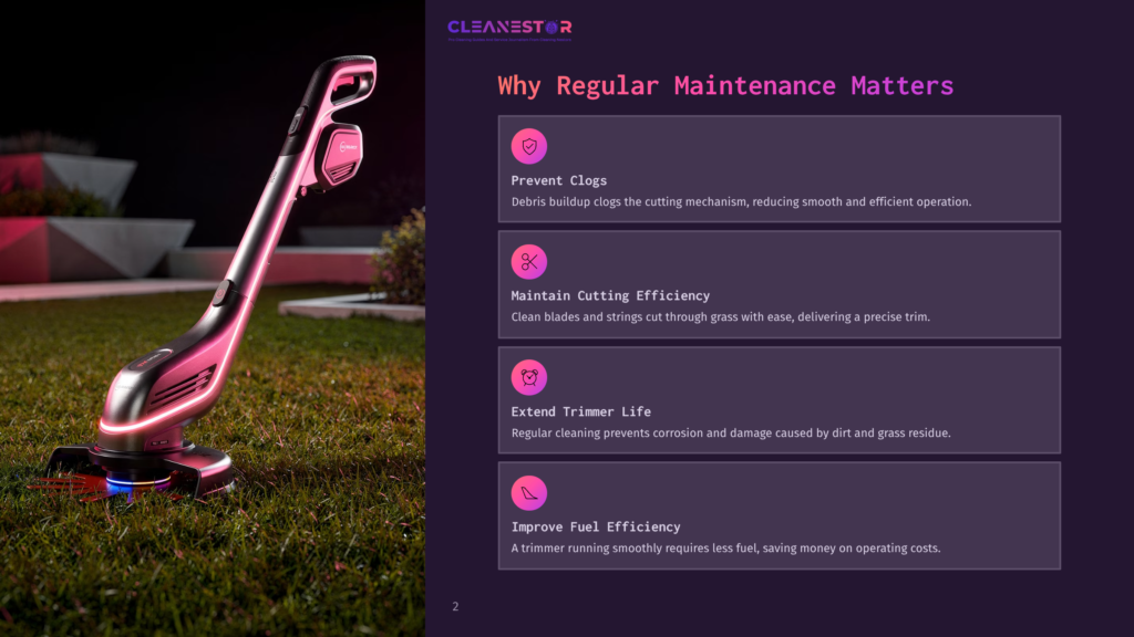 2 Why Regular Maintenance Matters A Sleek, Modern, Pink And Black Electric Trimmer Sits On A Grassy Lawn At Dusk, With Pink Uplighting Illuminating The Background. Text Overlay Reads: &Quot;Cleanestor&Quot; And &Quot;Why Regular Maintenance Matters&Quot; With Bullet Points About Benefits.