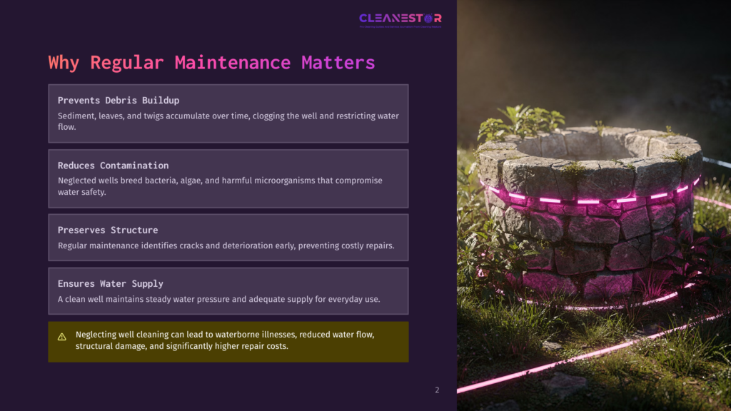 A Stone Well With Glowing Pink Neon Lights Around Its Rim, Surrounded By Lush Green Grass And Plants. The Text &Quot;Cleanestor&Quot; Is Visible At The Top.