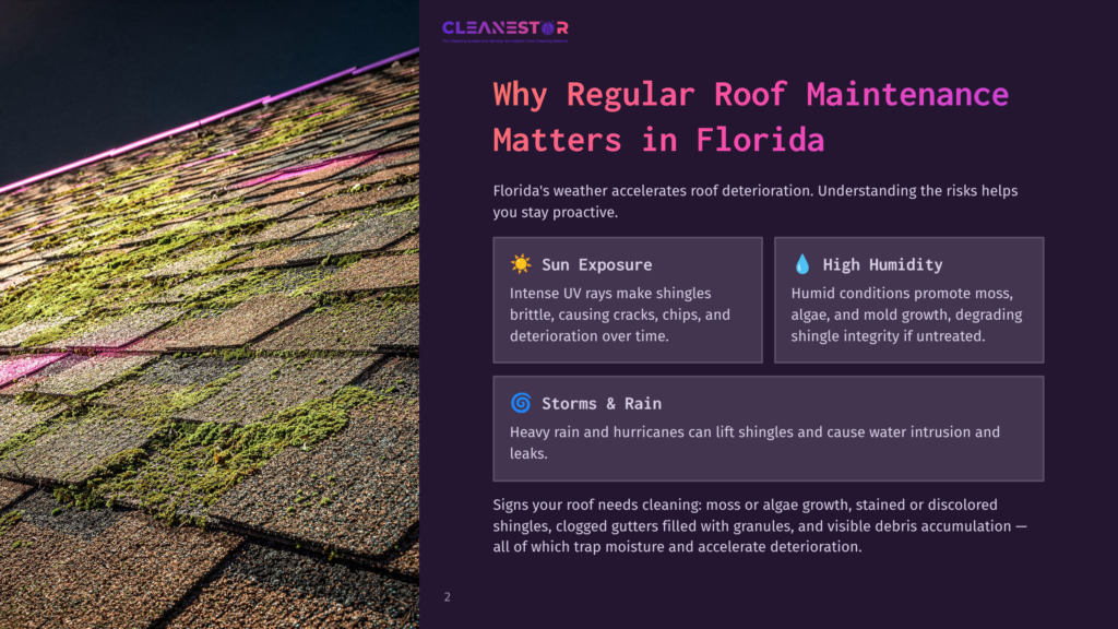 An Infographic With A Close-Up Of A Florida Roof Showing Moss And Algae Growth Against A Purple Background. Text Overlays Highlight Sun Exposure, High Humidity, And Storms &Amp; Rain As Factors In Roof Deterioration.