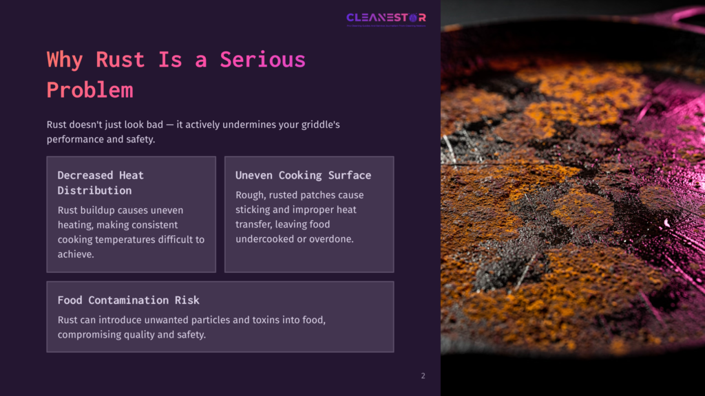 Close-Up Of A Griddle Surface Covered In Rust, With Pink And Orange Lighting Highlighting The Rough Texture And Orange Rust Buildup. Text Overlay Reads &Quot;Why Rust Is A Serious Problem&Quot;.