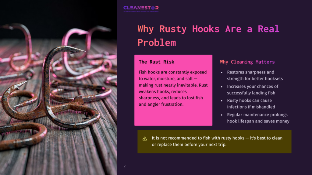 Close-Up Of Several Rusty Fishing Hooks On A Weathered Wooden Surface, With The Text &Quot;Why Rusty Hooks Are A Real Problem&Quot; Visible On The Right.