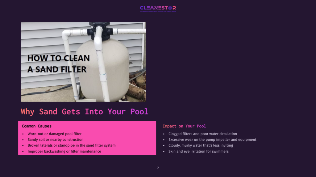 2 Why Sand Gets Into Your Pool How To Clean A Sand Filter&Quot; Text Over A Large, White Sand Filter Tank Outside, With A Clear Blue Sky In The Background.