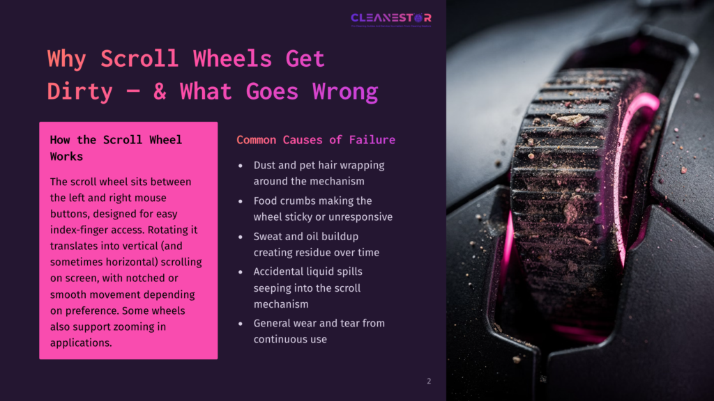 A Close-Up Of A Dirty Computer Mouse Scroll Wheel With Dirt And Dust Accumulation, Next To A Text Explaining Common Causes Of Failure.