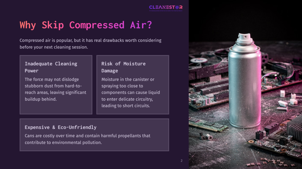 A Can Of Compressed Air Sits On A Dusty Motherboard, Surrounded By Electronic Components. The Image Highlights The Drawbacks Of Compressed Air For Cleaning Electronics, Including Moisture Risk And Inadequate Cleaning Power.