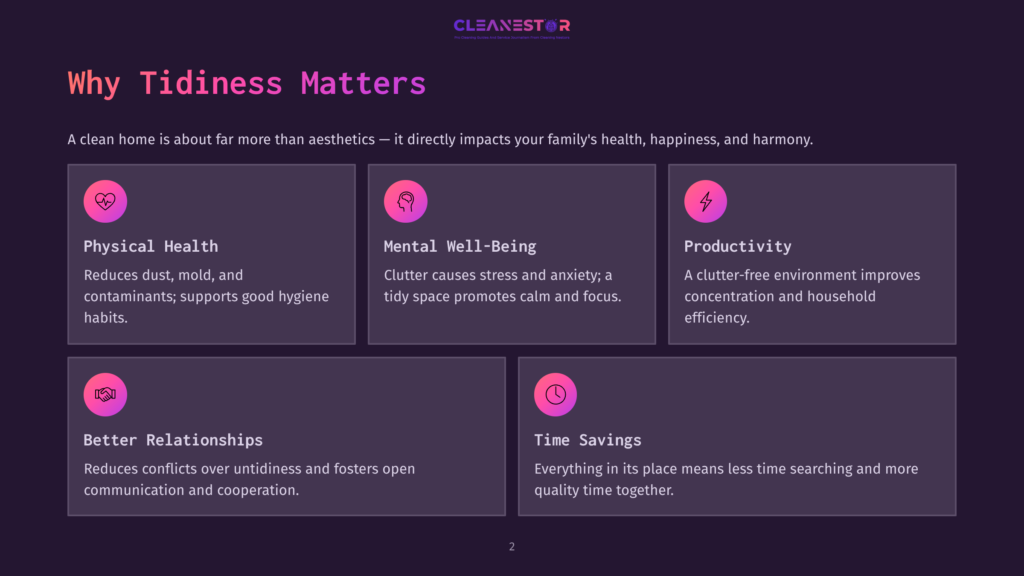 Cleanestor Logo And Graphic With Text &Quot;Why Tidiness Matters&Quot; And Five Boxes Detailing Benefits: Physical Health, Mental Well-Being, Productivity, Better Relationships, And Time Savings.
